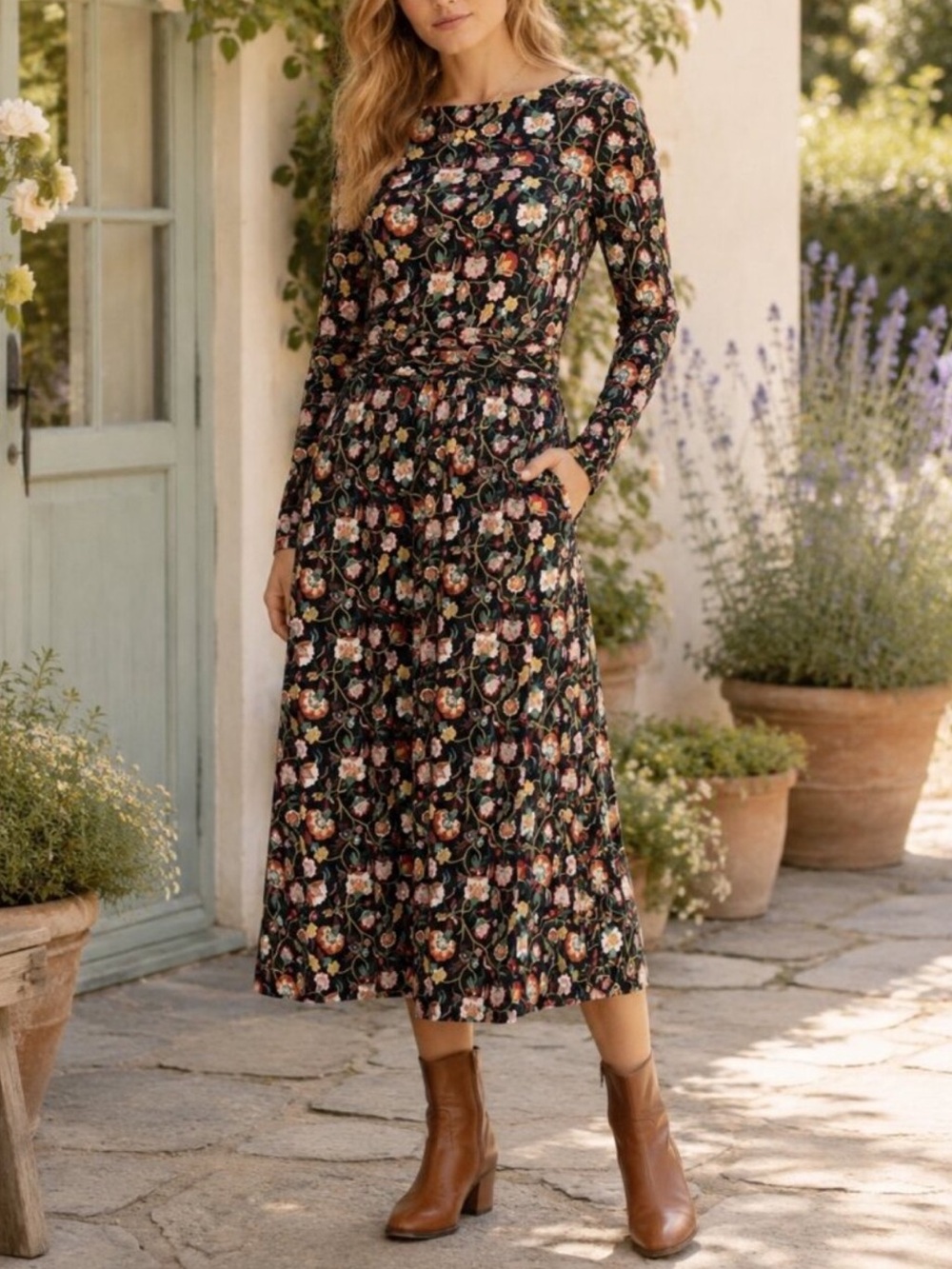 Boden Floral Jersey Knit Midi Dress Cottagecore Prairie Long Sleeve Soft